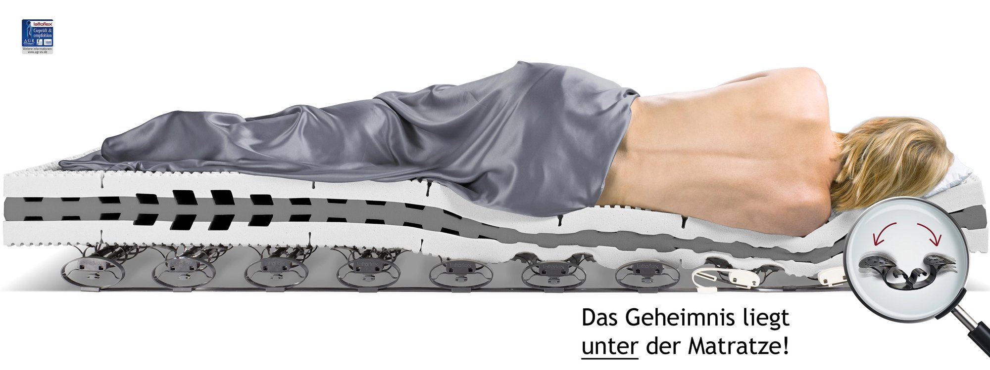 Rückenmädel 900 mit Lupe und dem Text: Das Geheimnis liegt unter der Matratze.