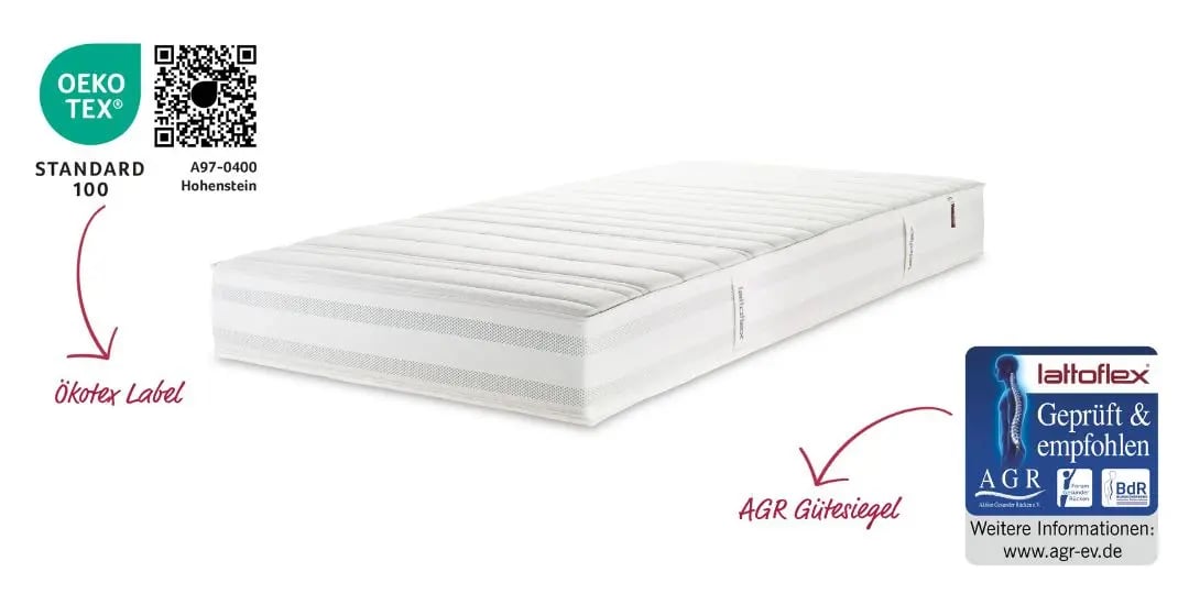 Lattoflex Matratze ausgezeichnet mit AGR Aktion gesunder Rücken e.V. und Oekotex Siegel.