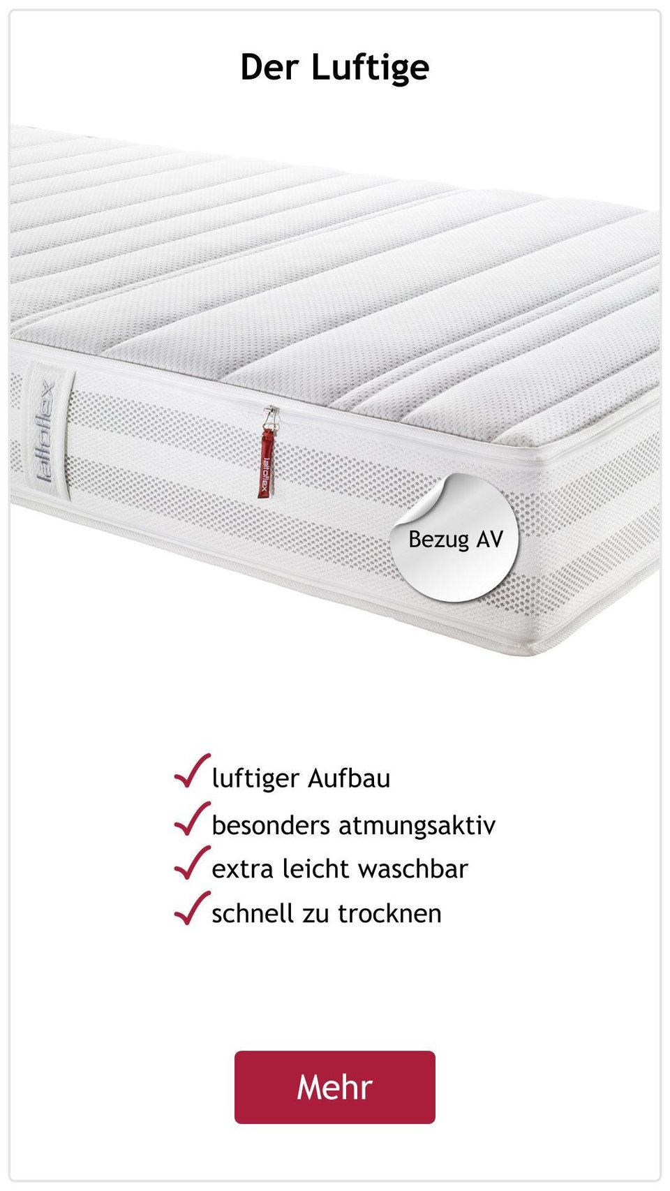 Lattoflex Matratzen-Bezug AV mit Etikett und Button.