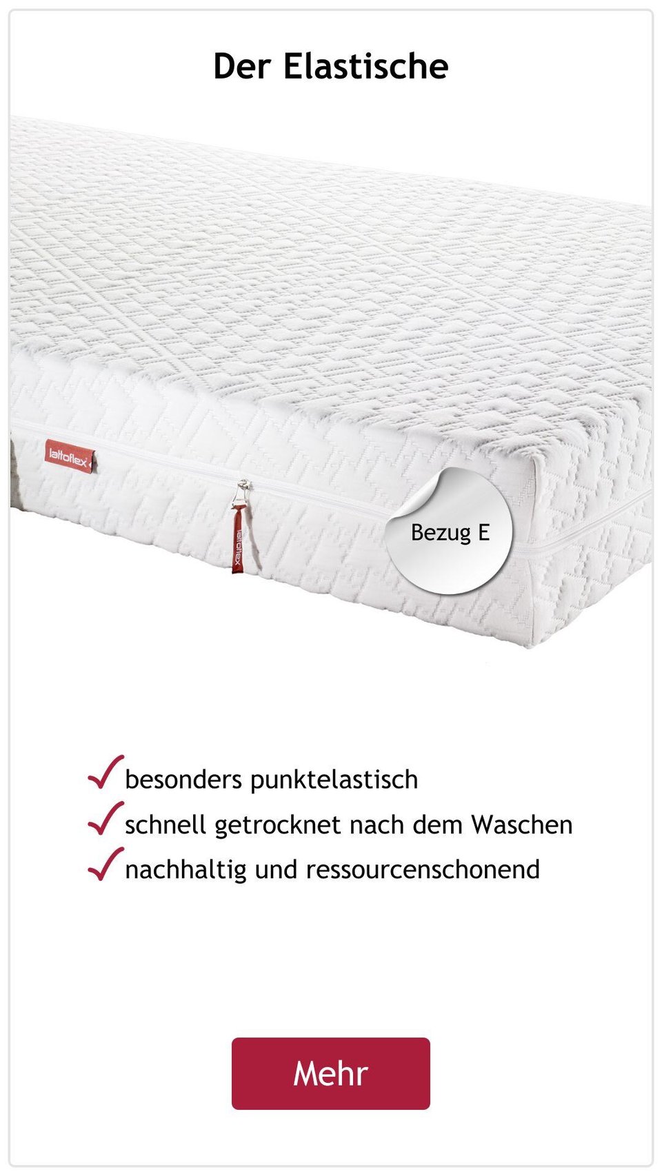 Lattoflex Matratzen-Bezug E mit Etikett und Button.