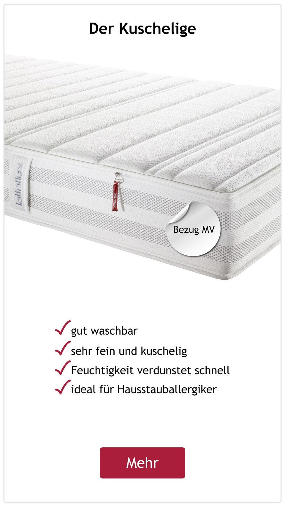 Lattoflex Matratzen-Bezug MV mit Etikett und Button.